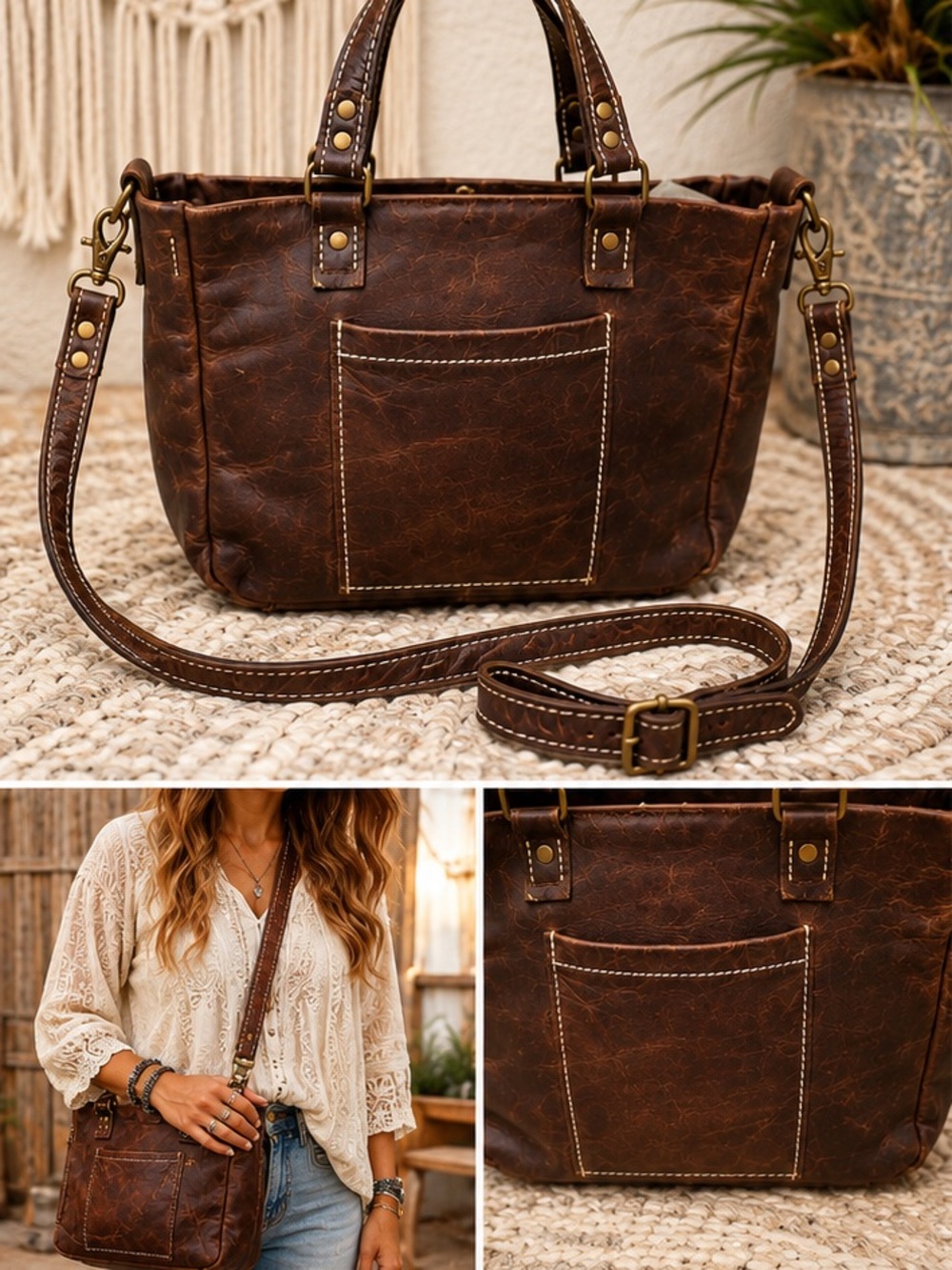 Classic Brown Leather Crossbody Tote - Unbranded